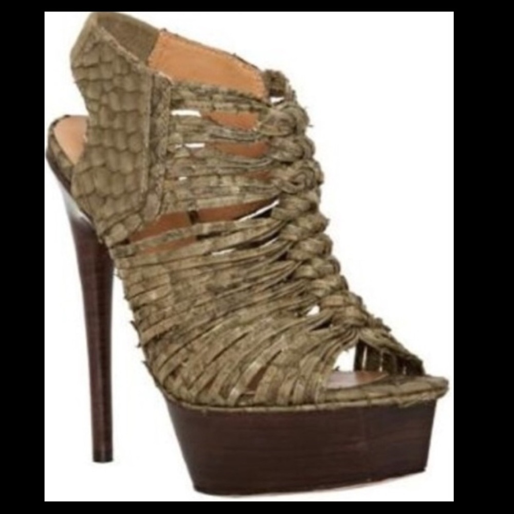L.A.M.B Military Green Snaked Leather Platform Heels